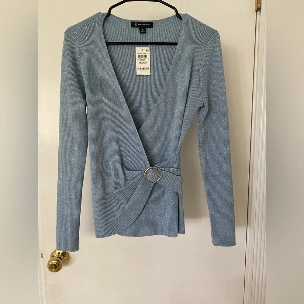 Inc. Elegant Blue Wrap Sweater. Powder blue with silver threads. NWT - Picture 1 of 6